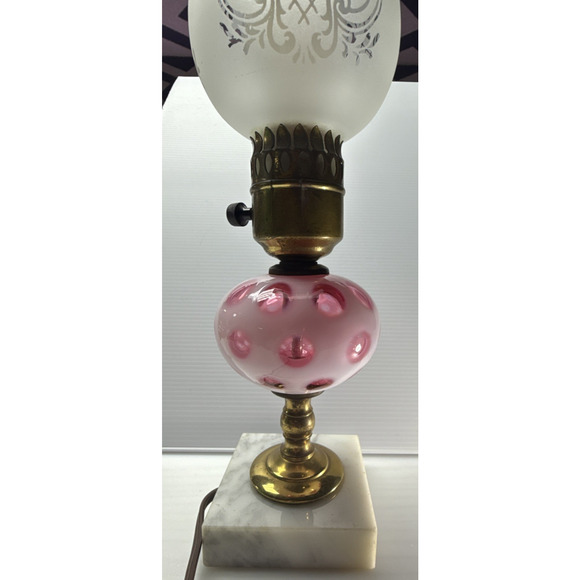 Vtg Fenton Cranberry Coin Dot Opalescent Marble Base Lamp Electric Marble Base - Picture 3 of 16